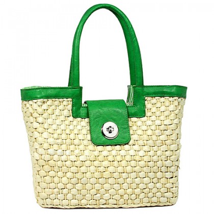 Straw Satchel – 12 PCS Corn Husk w/ Leather-like Trim & Handles - Green -BG-B10015A-GN